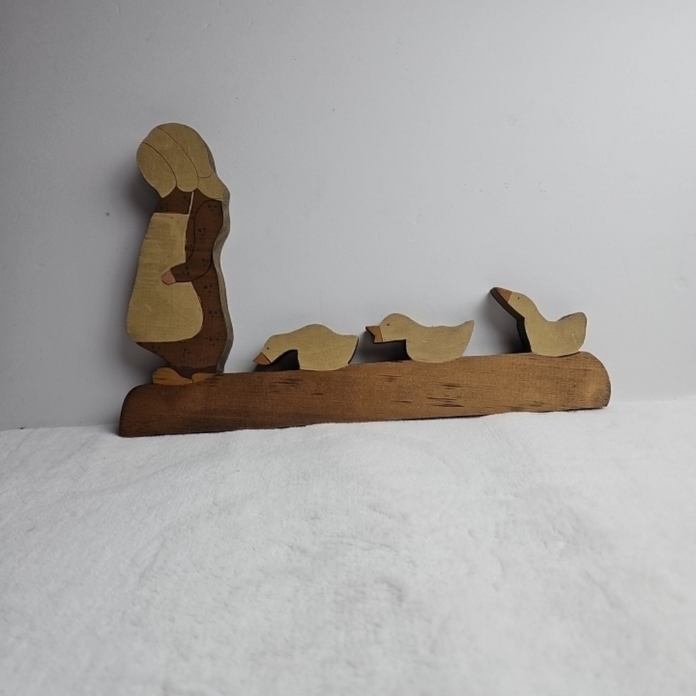 Vtg 80s-90s Amish Plain Girl Ducks Goose Wooden Handpainted Self Sitter Country